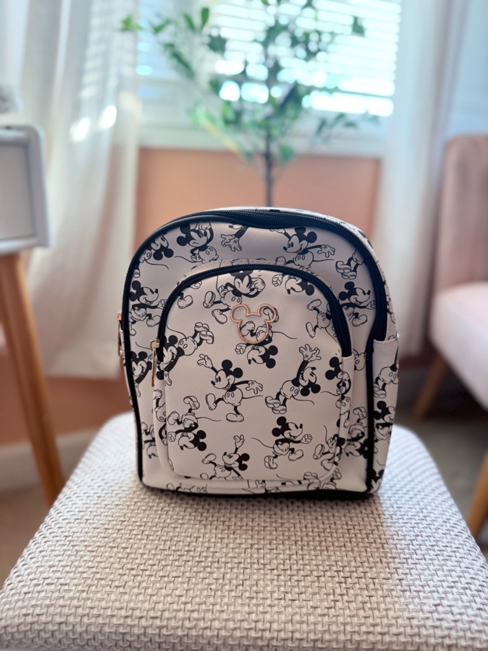 Disney White and Black Mickey Mini Backpack with Gold Accent